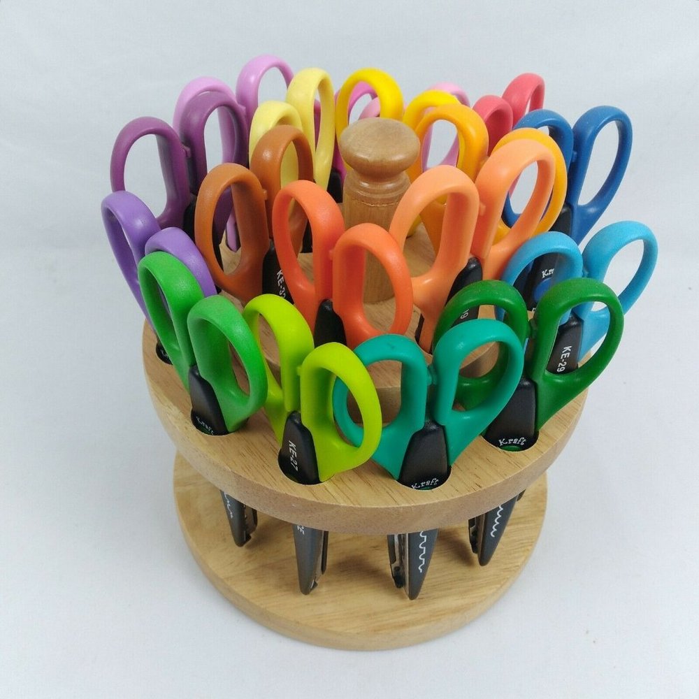 Kraft Edgers Set of 18 Pair Craft Scissors w/ Wooden Stationary Carousel Holder